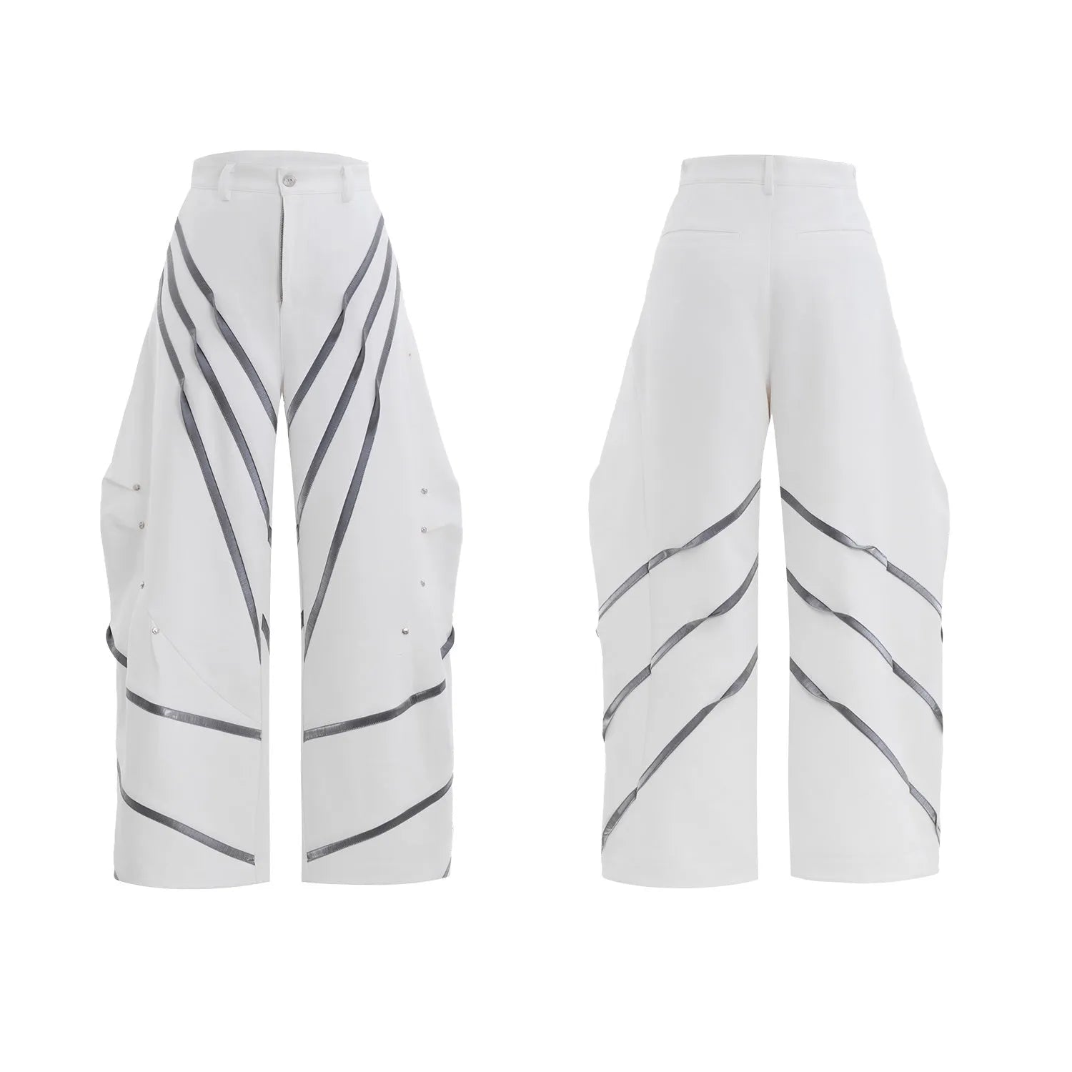 Men's polyester trousers with three-dimensional cutting, metal striped rivets, and pleated design in black or white