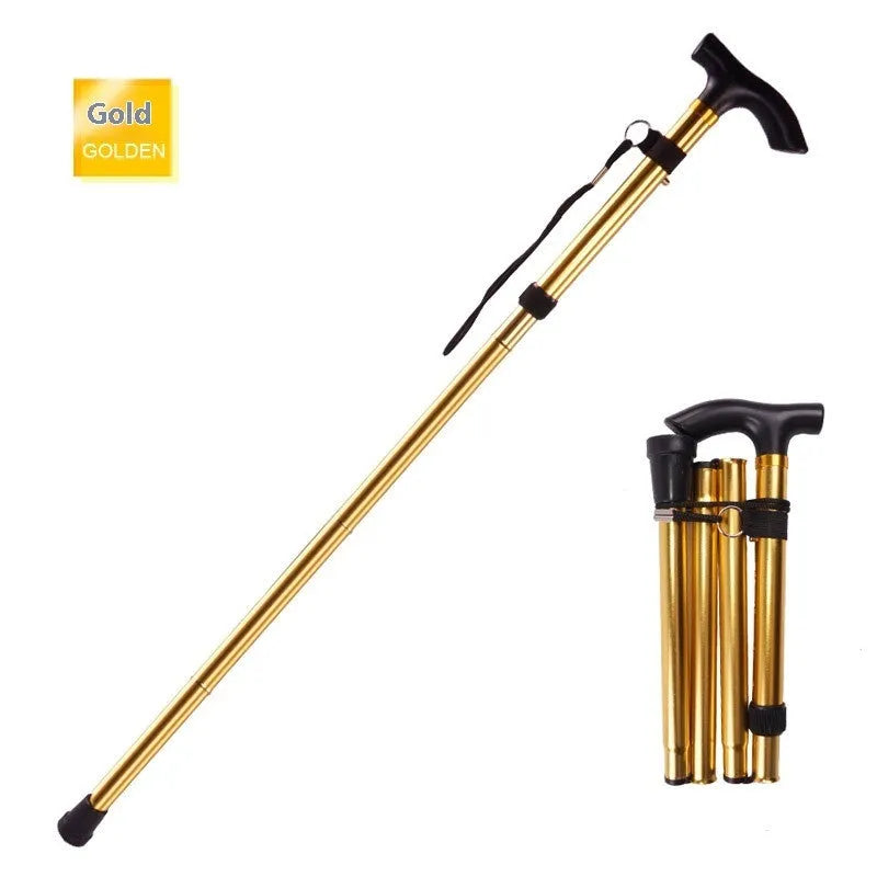 Adjustable aluminium folding walking stick in a chosen colour, shown extended and folded.