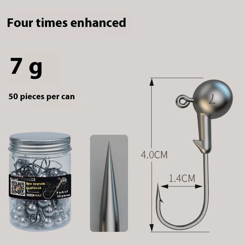 50-piece enhanced jig hook fishing set with weighted lead heads in primary colours