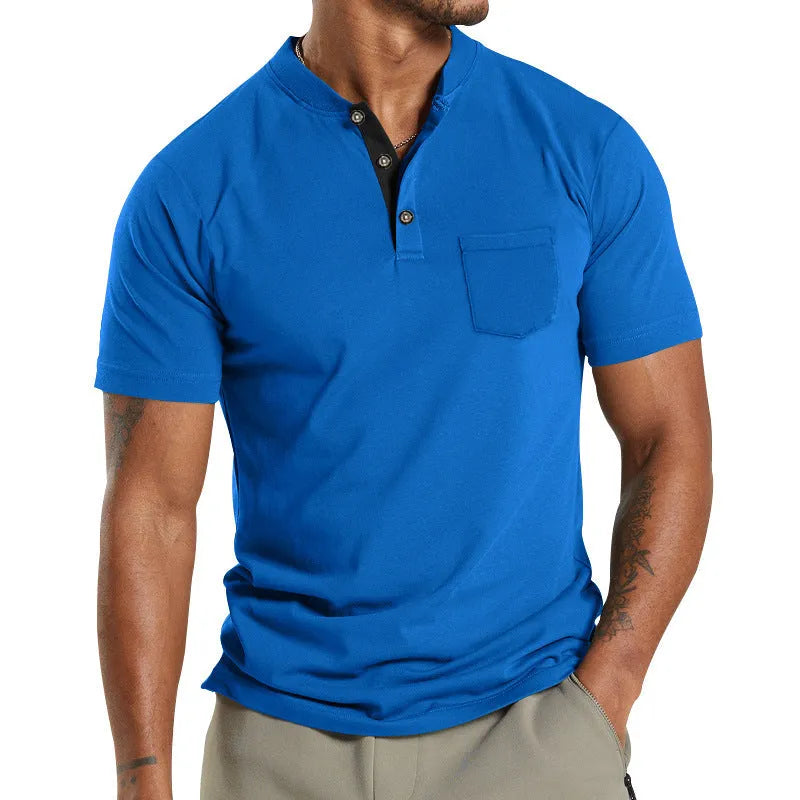 Plus size man wearing a solid colour short sleeve shirt with a buttoned chest pocket.