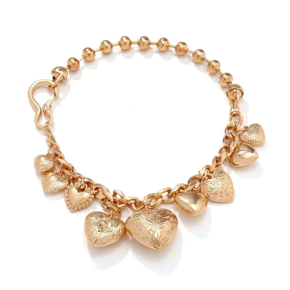 Carved heart pendant necklace with adjustable chain in gold or white K metal alloy