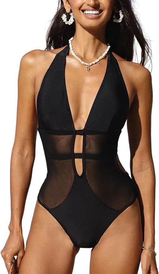 Black women's one-piece swimsuit with V-neck and decorative mesh hanging neck detail.