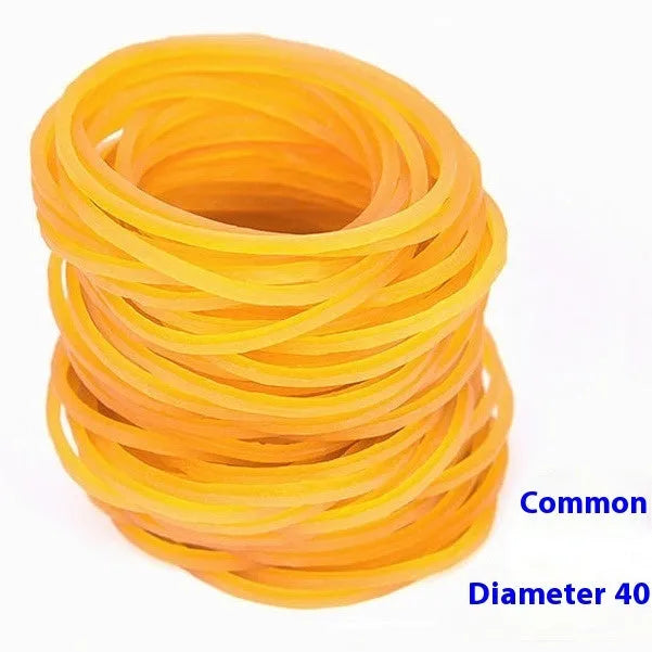 Yellow rubber bands in seven sizes from 16mm to 70mm diameter in a 500g bulk pack