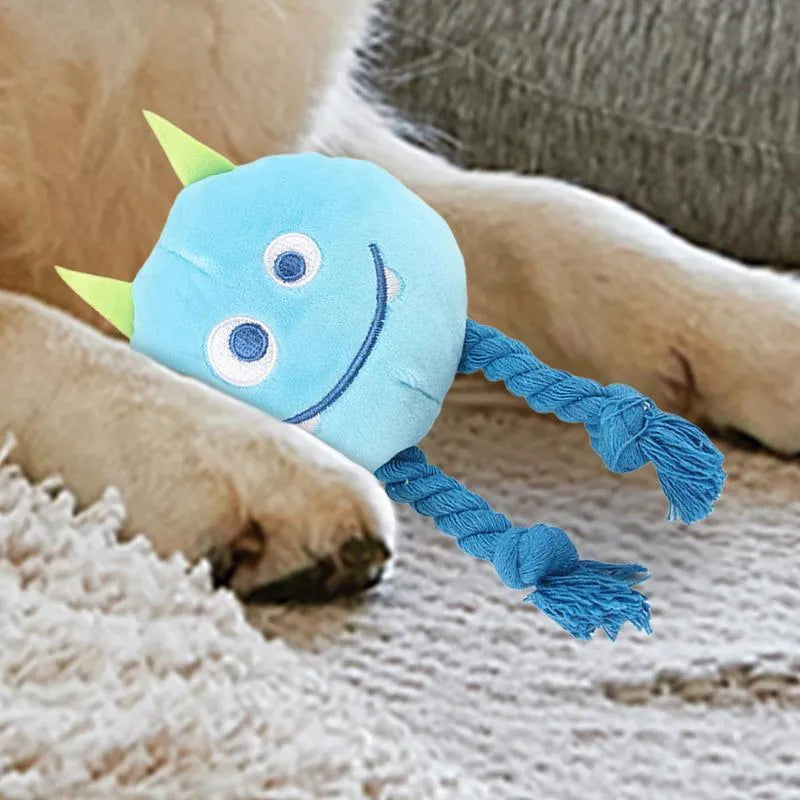 Blue and yellow cartoon-style dog squeaky toys with knot design cotton rope construction