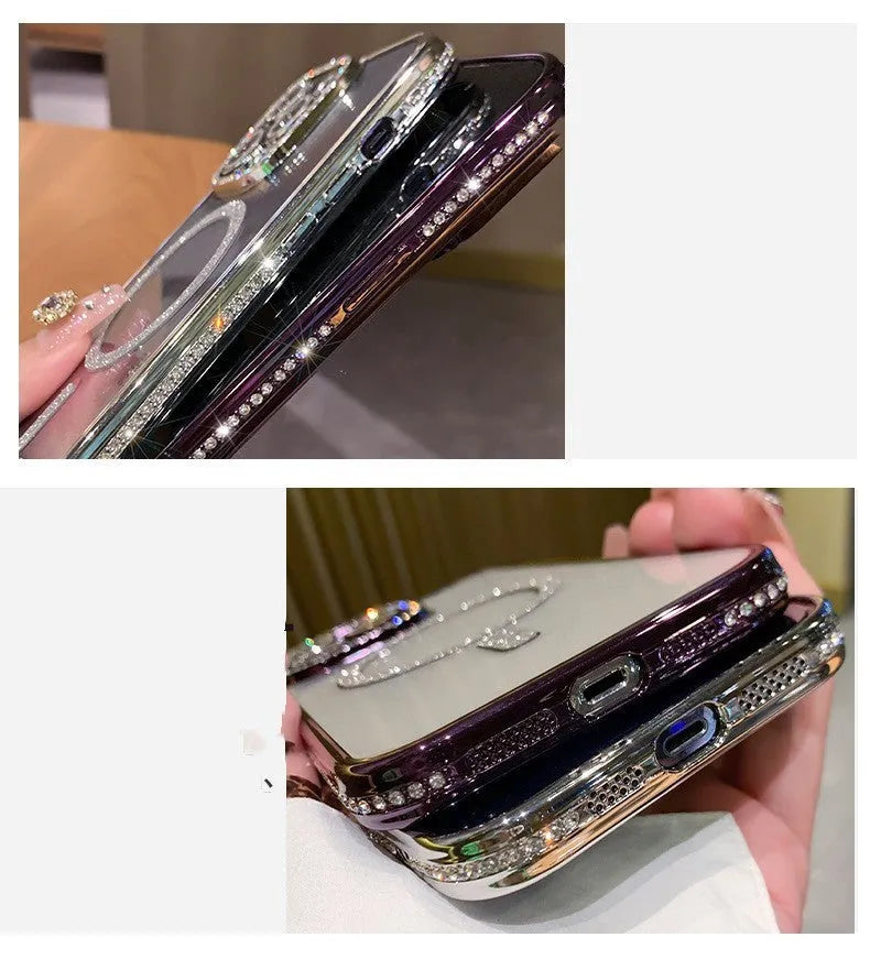 Wireless magnetic silicone iPhone case in an electroplated colour, shown on a phone.