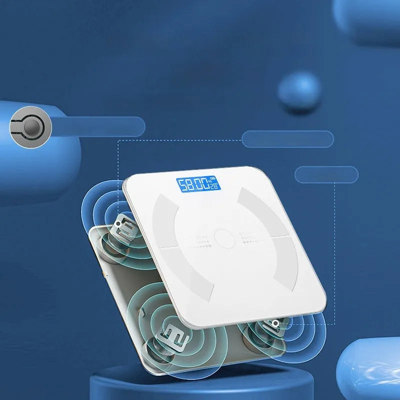 Smart Bluetooth body fat scale in white, black or pink measuring weight, fat, calories and moisture