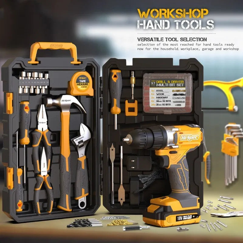 Grey yellow case open to show 82-piece chrome-vanadium steel home repair tool kit for furniture assembly.