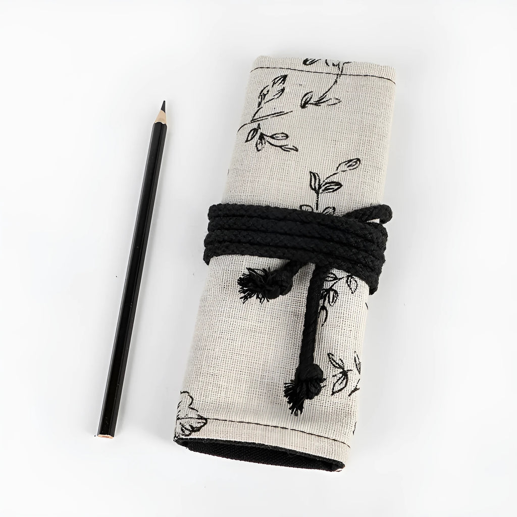 Black peony print canvas pencil roll bag with cotton hemp fabric