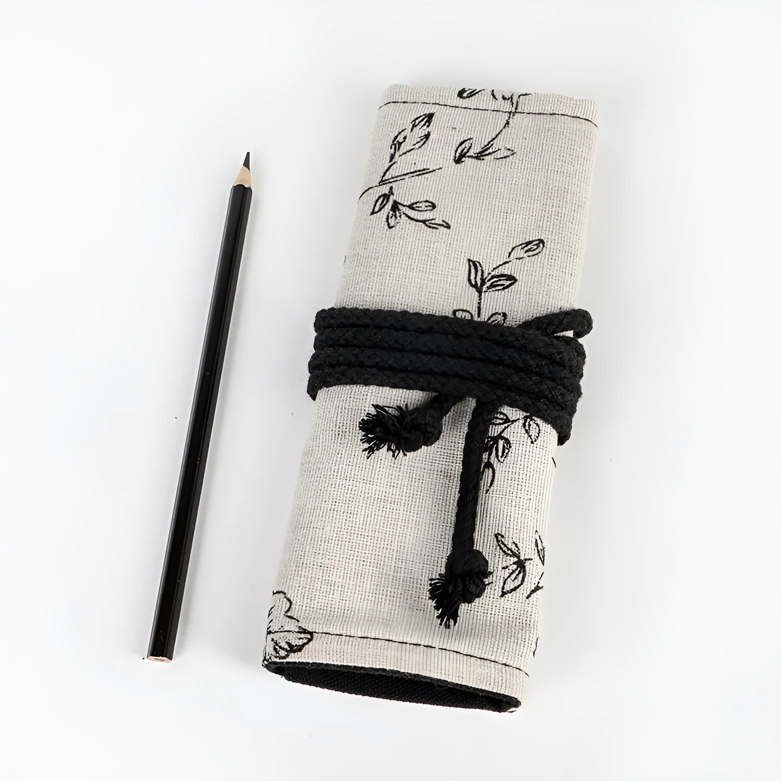 Black peony print canvas pencil roll bag with cotton hemp fabric