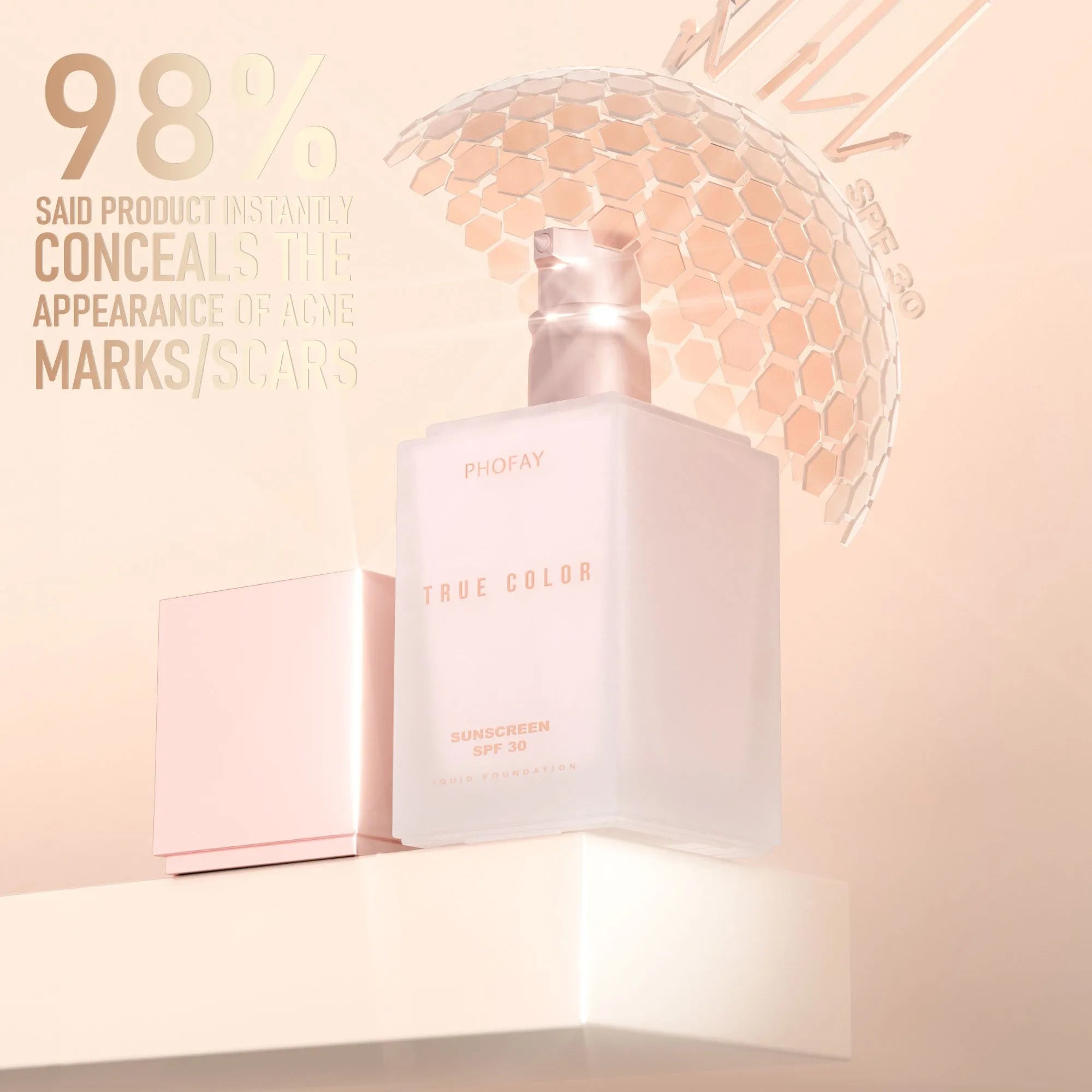 Matte sunscreen liquid foundation SPF 30 bottle with six colour shade options