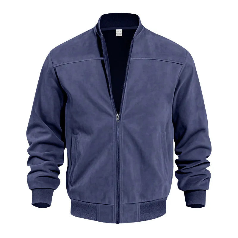 Men's plus size suede zip-up casual jacket in army green colour on a hanger.