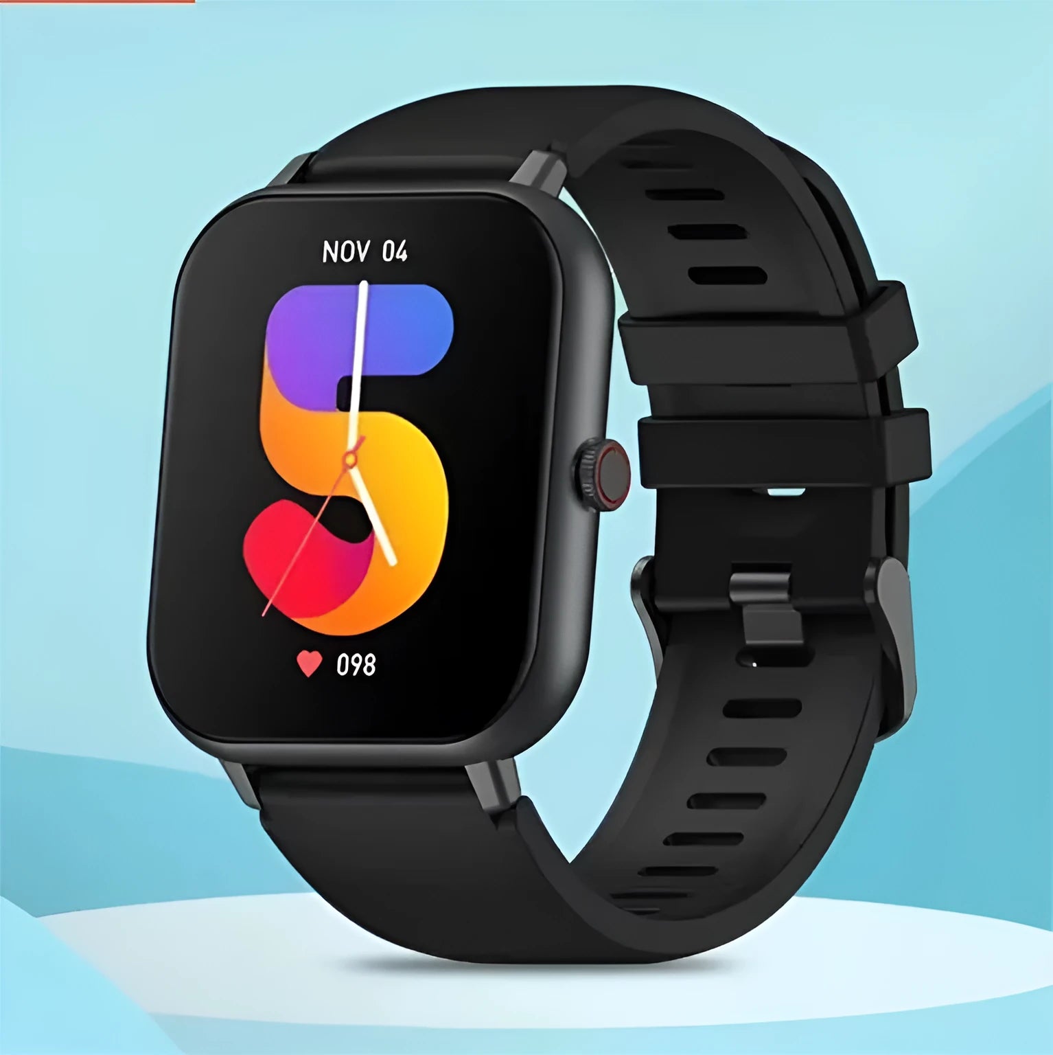 Bluetooth smart watch with heart rate monitor on wrist, shown in black, silver, pink, and khaki colour options.