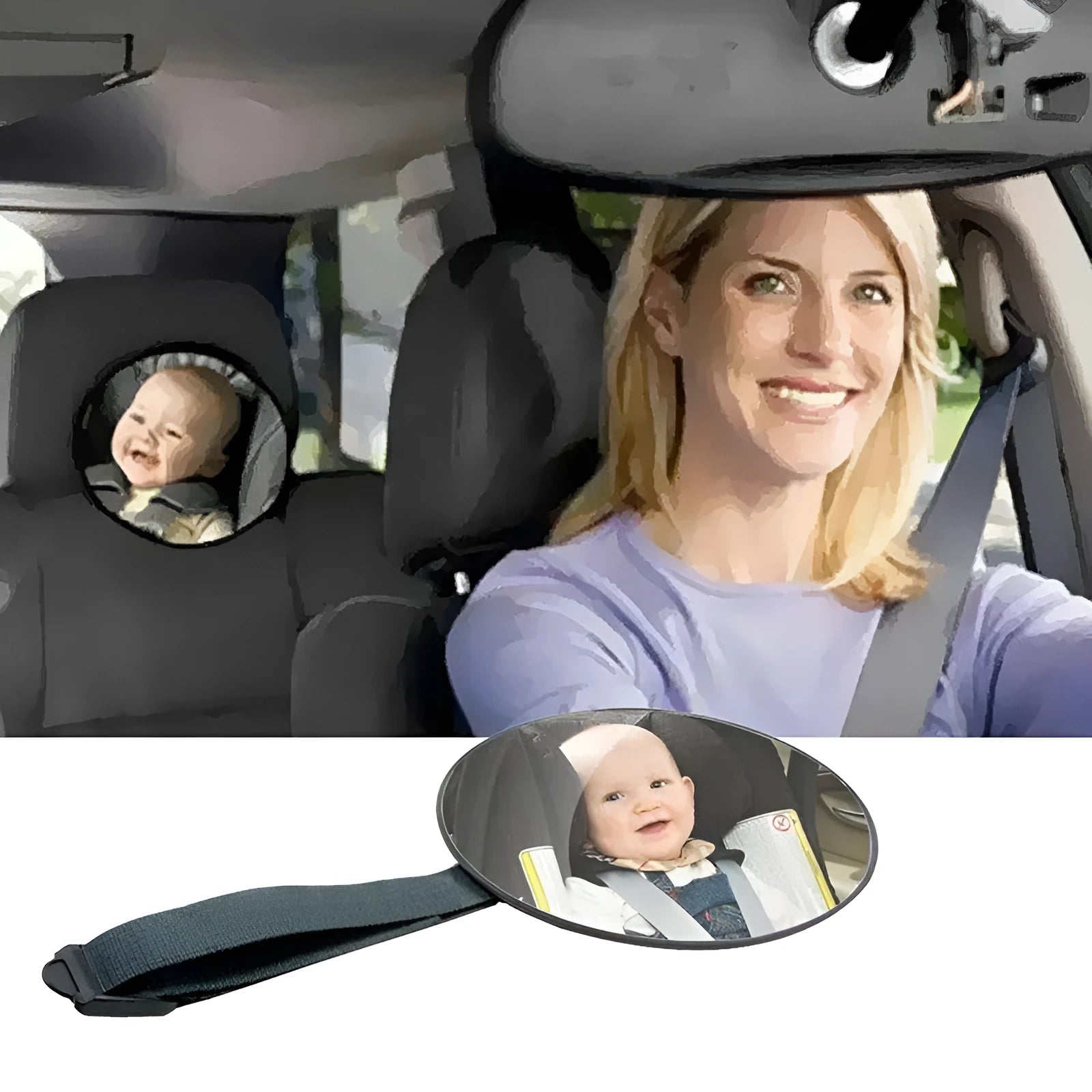 Black ABS baby safety seat rearview mirror with 17cm glass and adjustable ribbon for car seat mounting