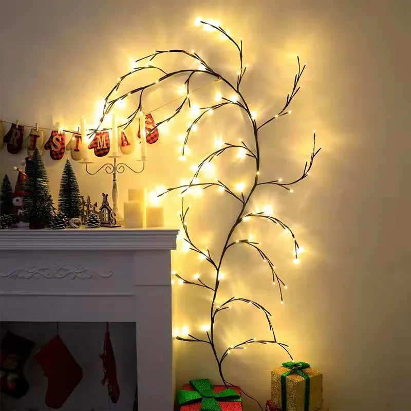 Flexible LED willow vine Christmas garland light with warm white lights and birch bark texture