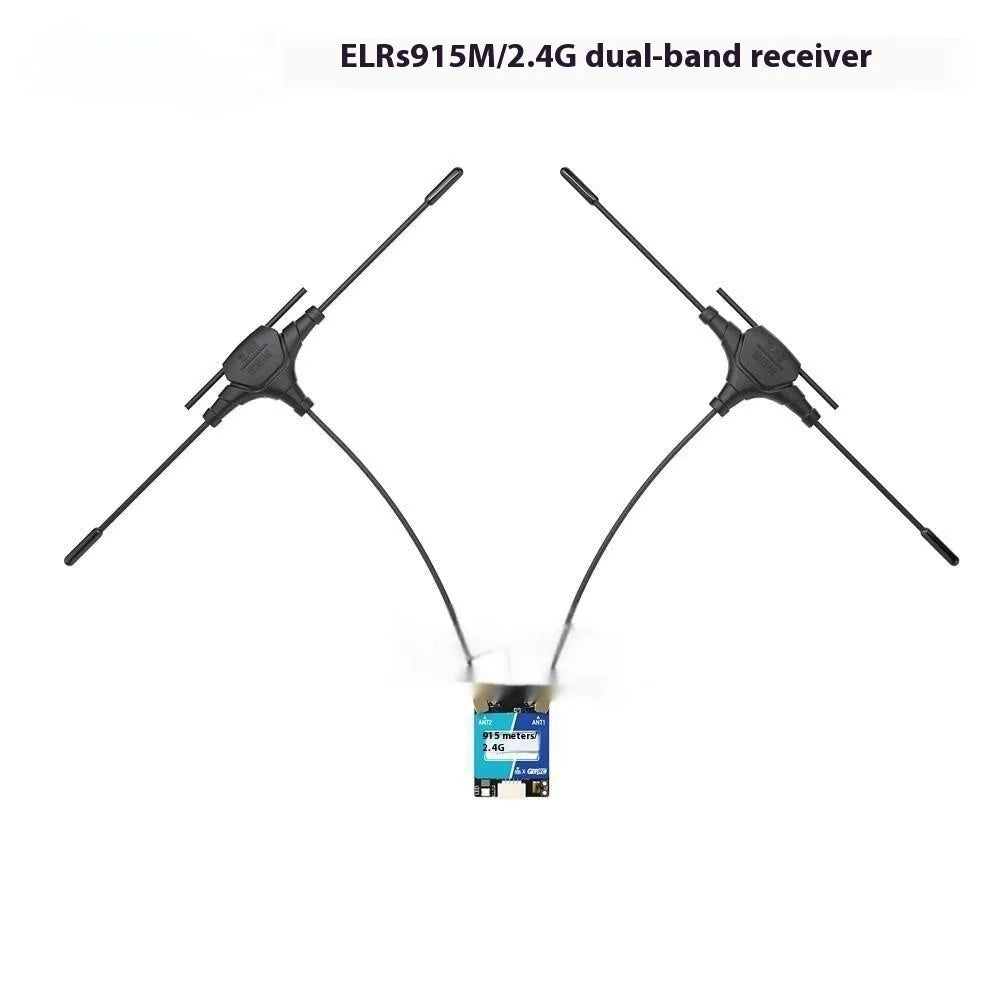 ELRS dual-frequency FPV receiver kit with T-shaped antennas and metal construction for drones