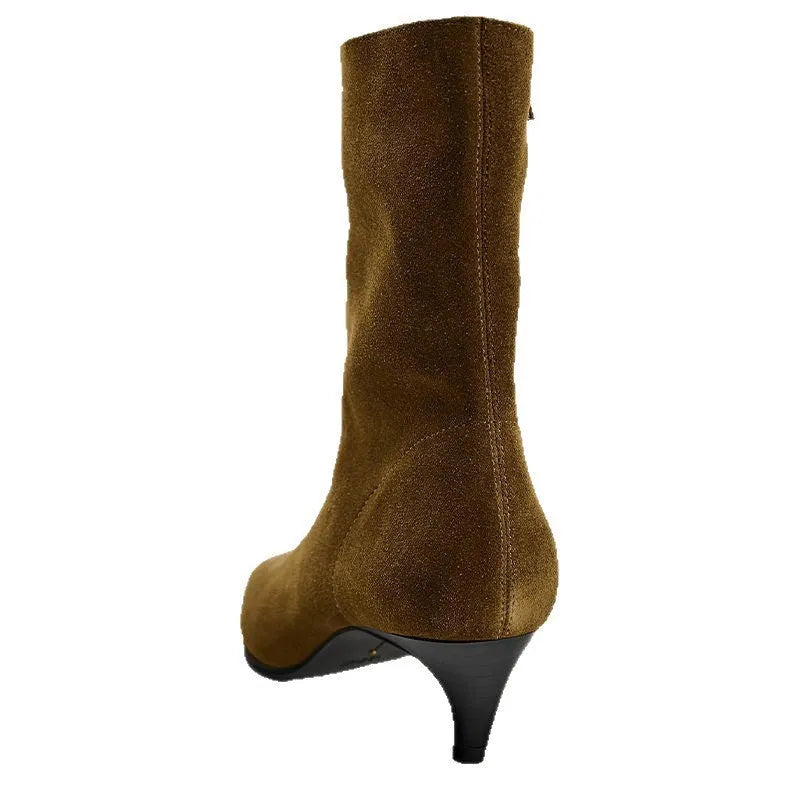 Women's brown square toe ankle boots with a side zipper and a mid kitten heel on a waterproof platform.