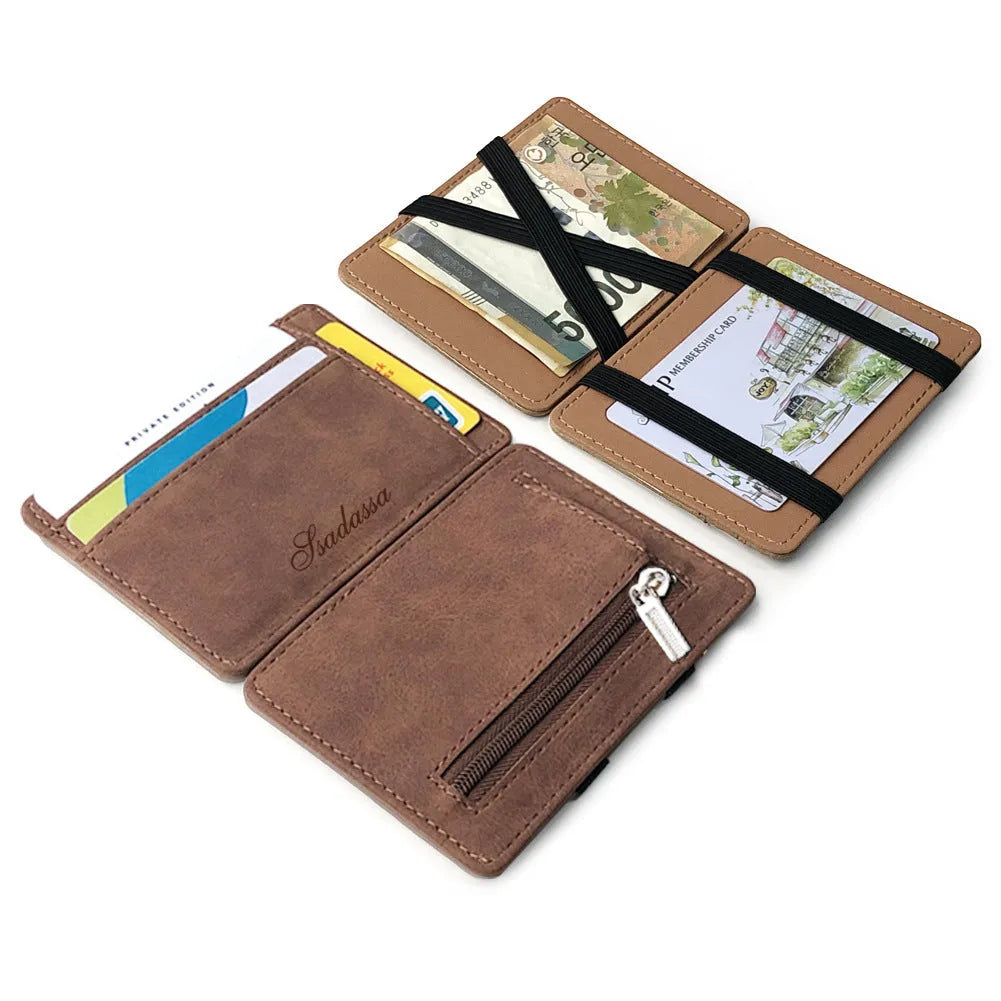 Korean style matte leather magic wallet in horizontal square shape, showing coin pocket and sewing line details.