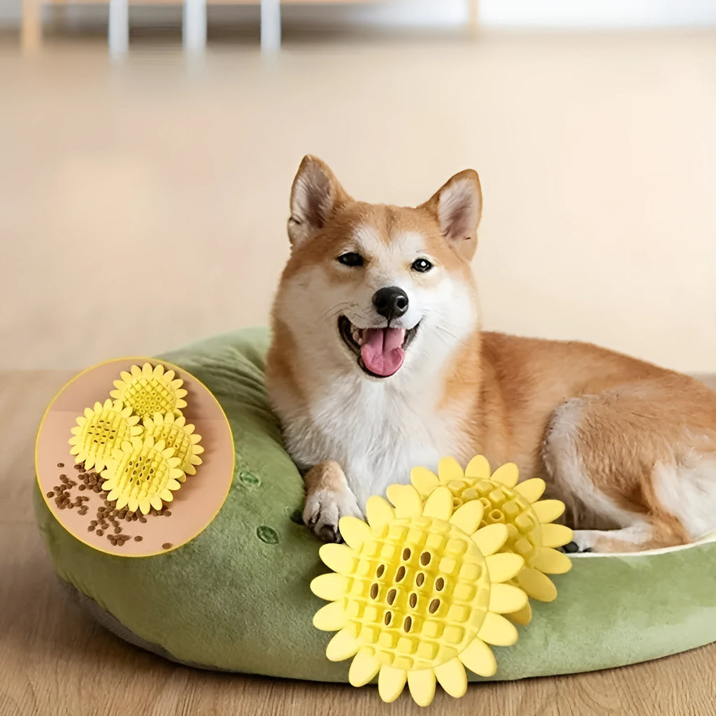 Yellow rubber sunflower-shaped dog chew toy measuring 7 cm across with textured petal surface