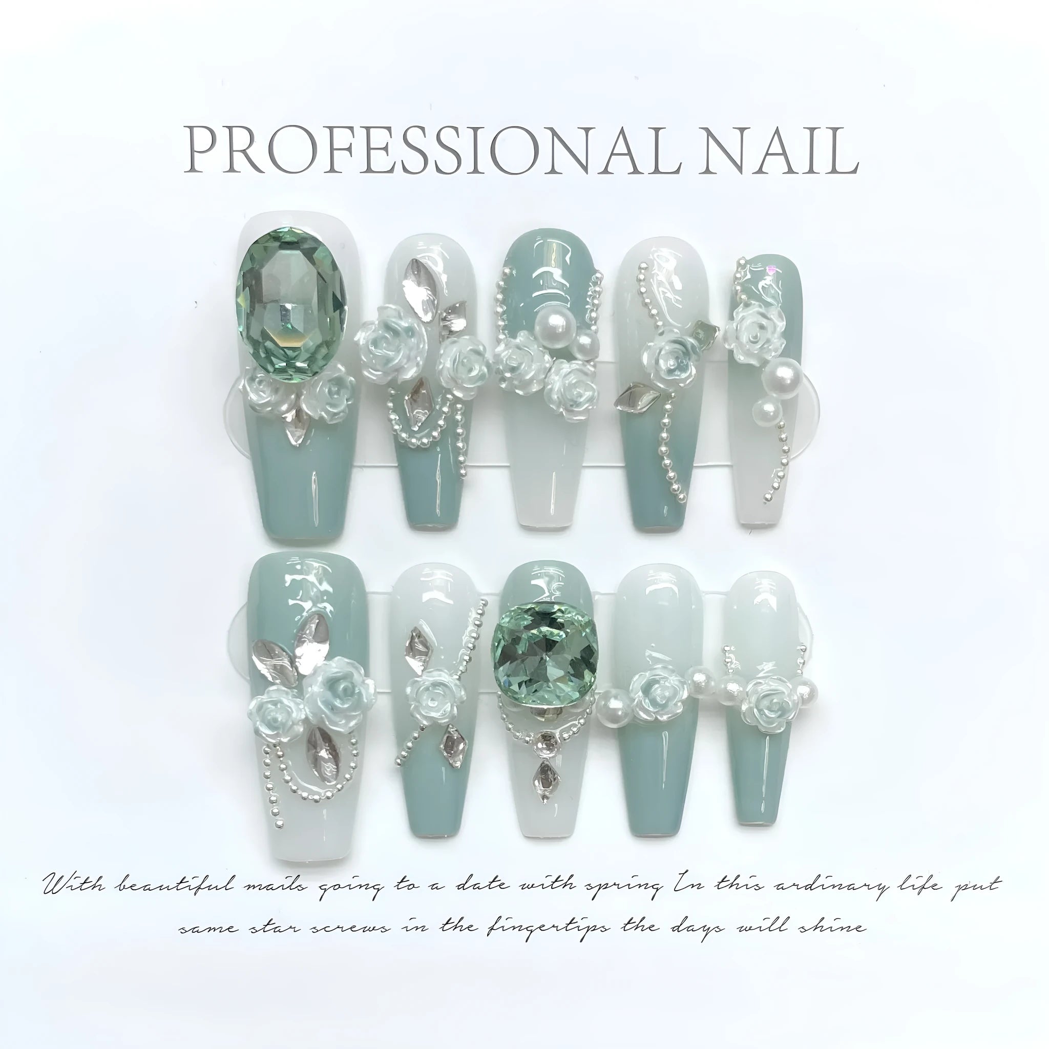 Armour green nail stickers with camellia gradient chain, bow, and butterfly designs in XS, S, M, L sizes.