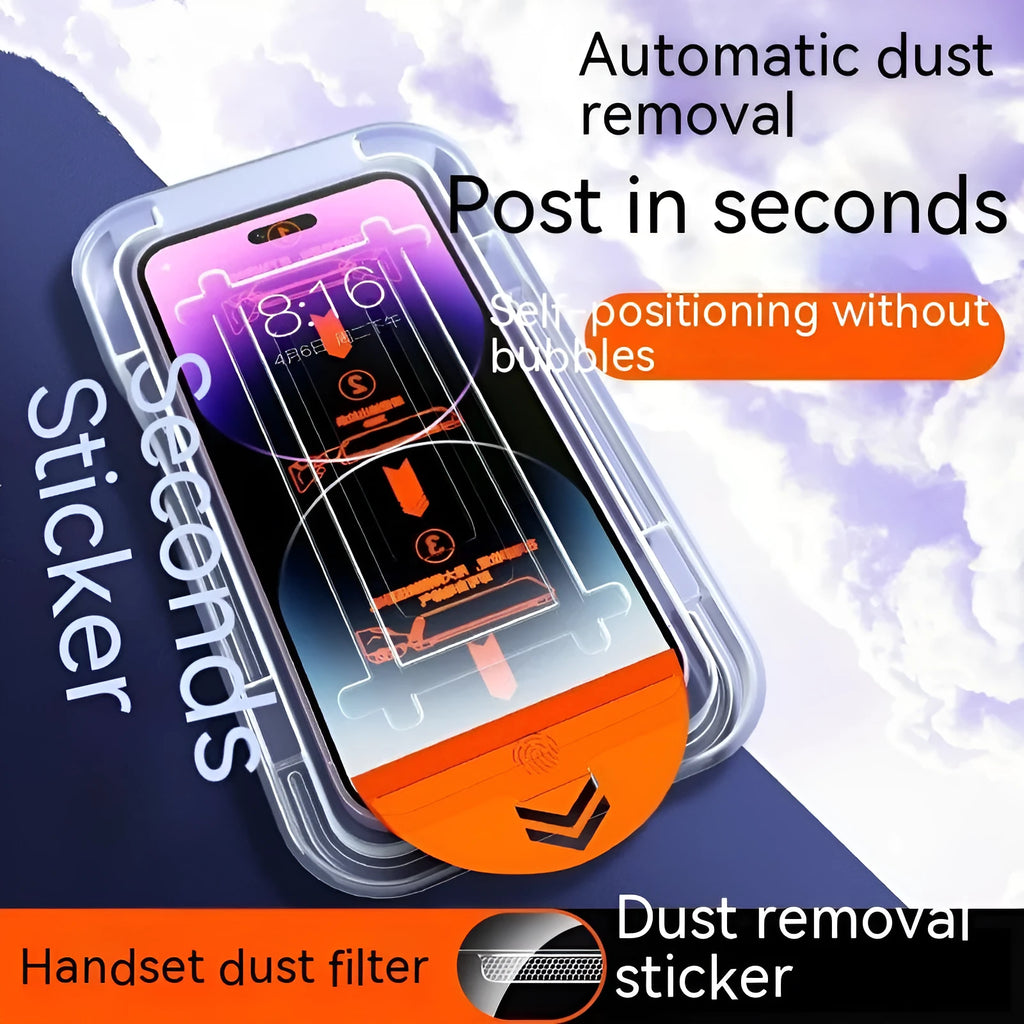 iPhone tempered glass screen protector with dust-free application kit on a table.