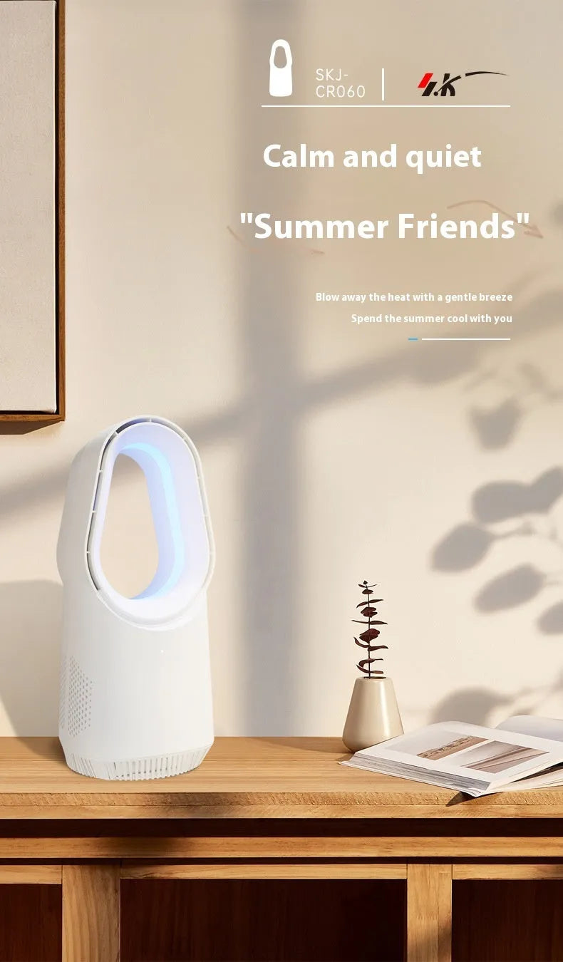 White bladeless tower fan with touch screen display and remote control on a desk.