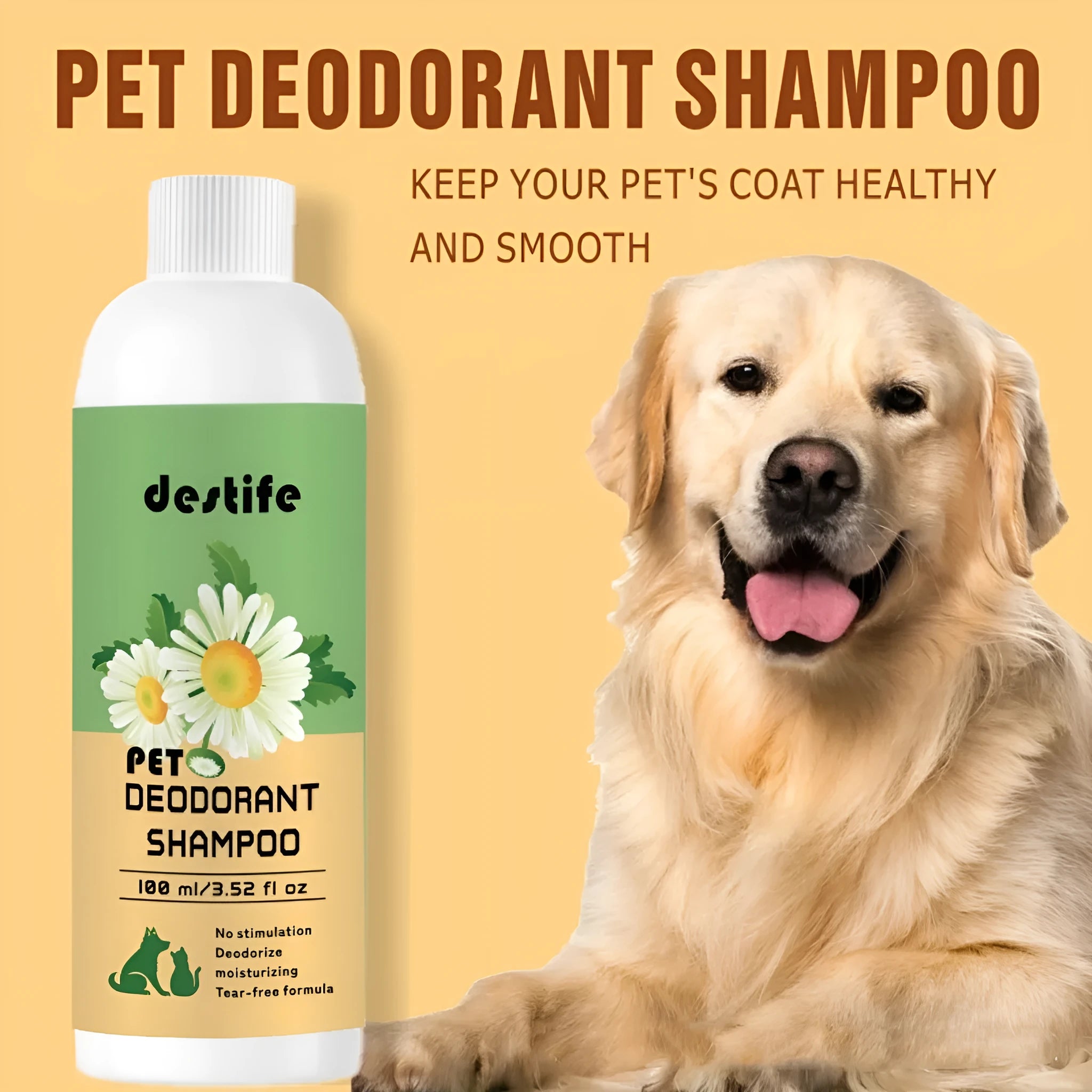 100ml bottle of pet shampoo and shower gel for dogs and cats with deodorising fragrance