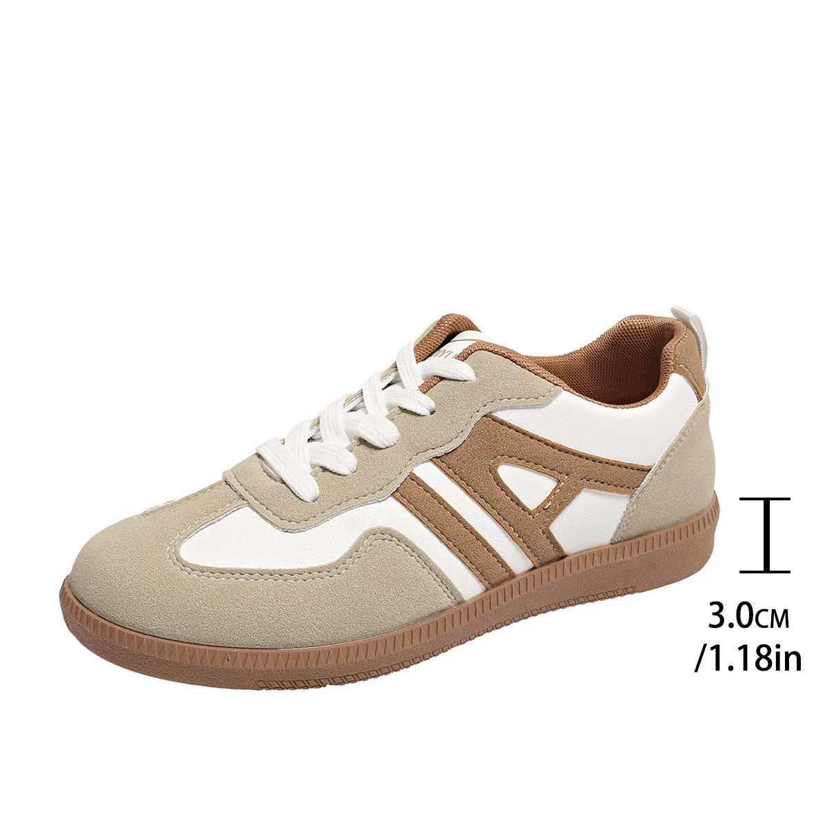 Women's low-top lace-up jogging shoes with a platform heel in khaki, grey, and black.