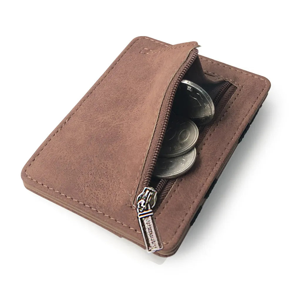 Korean style matte leather magic wallet in horizontal square shape, showing coin pocket and sewing line details.