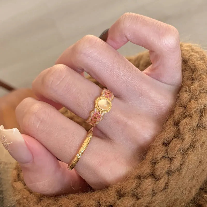 Pink crystal enamel geometric open mouth ring on gold-plated copper band