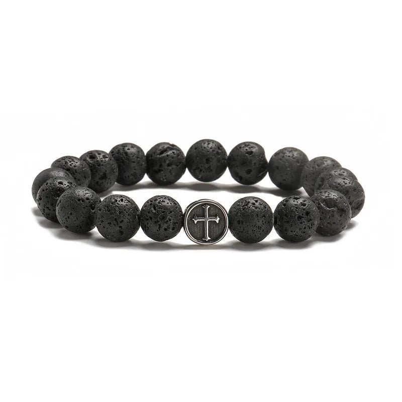 Volcanic agate bracelet with polished stainless steel and geometric design