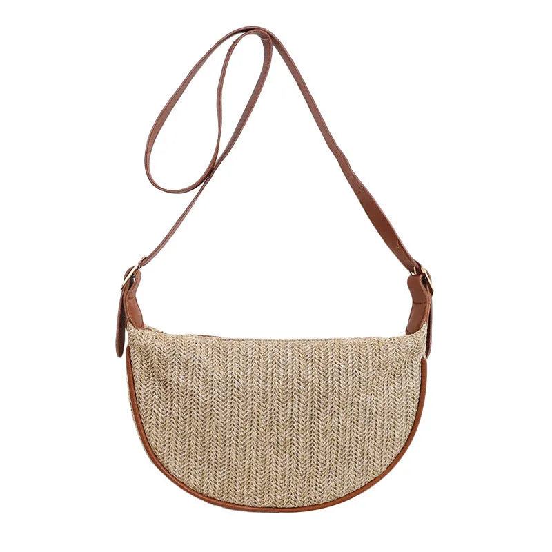 Women's straw woven crossbody bag with internal phone pocket and document compartment in corrugated brown