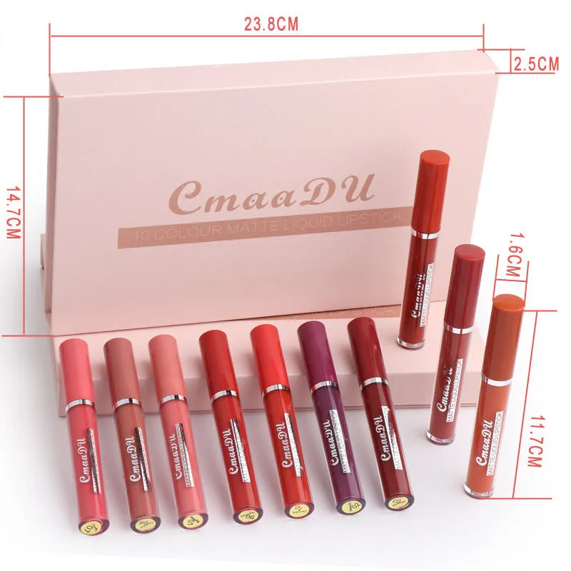 Box containing 10 women's non-stick cup waterproof matte lipsticks in assorted photo colours.
