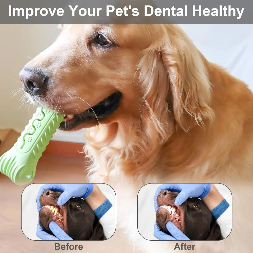 Blue natural rubber bone-shaped dog chew toy on a white background.