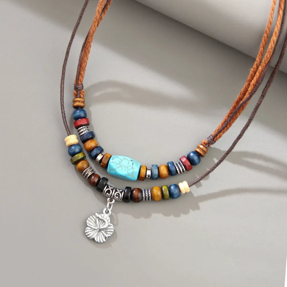 Men's geometric alloy pendant necklace with wooden beads and turquoise wax rope chain