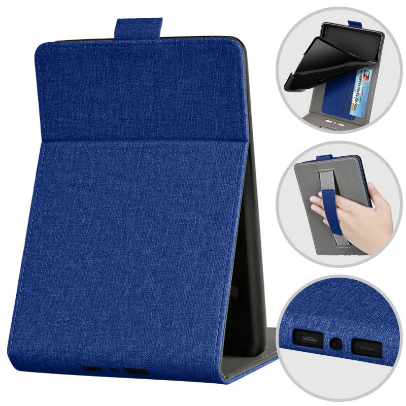 A 6-inch Kindle protective case in an embossed TPU material, shown in a Van Gogh starry sky design, with its folding bracket stand extended.
