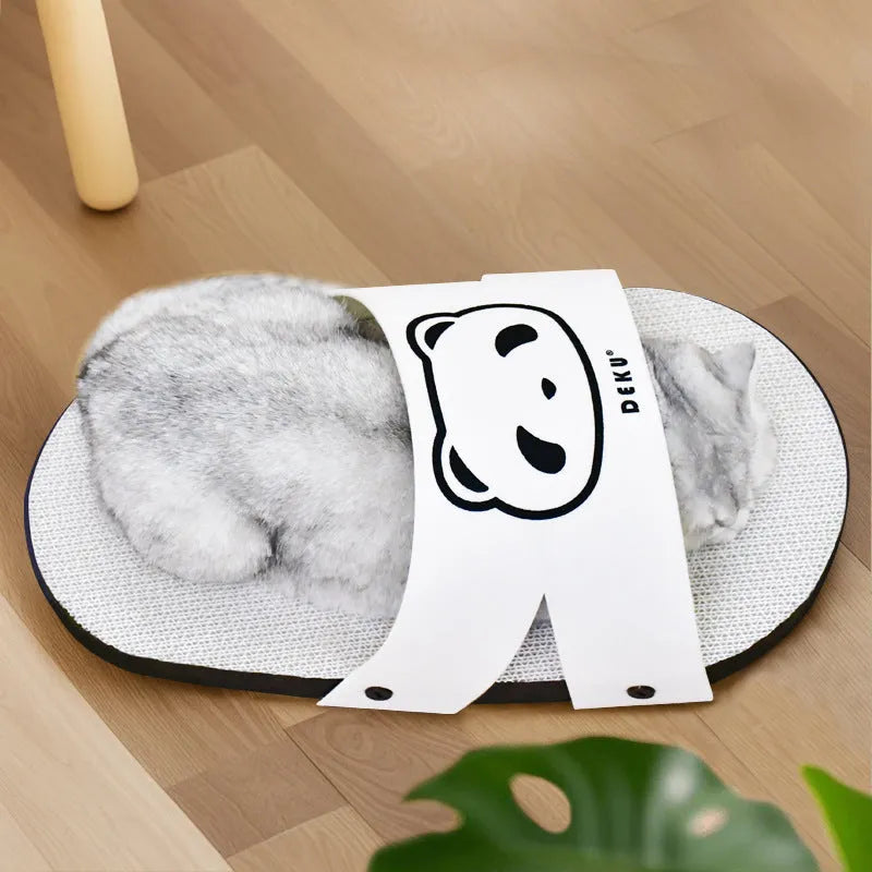 White corrugated paper cat scratch board in slipper-style design for furniture protection