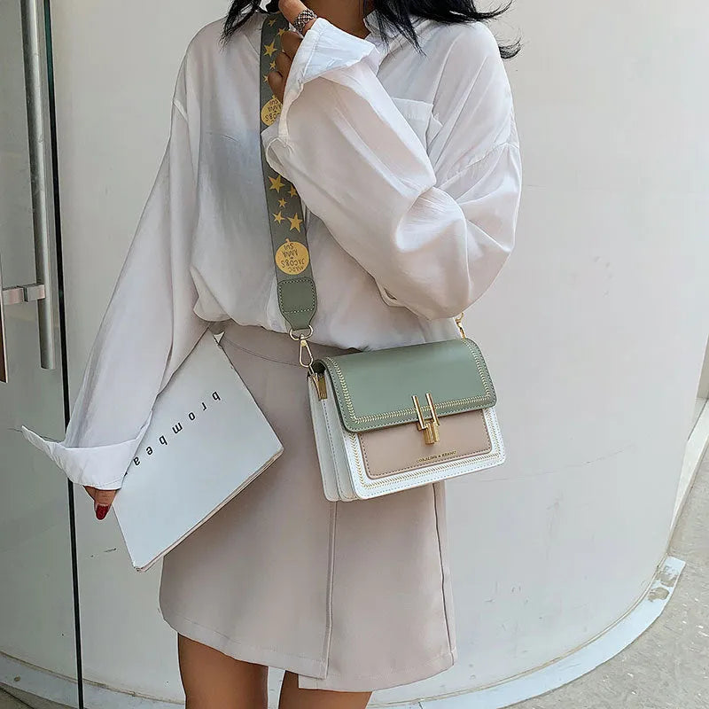Women's wide strap crossbody bag in Matcha Green PU material with contrast colour details for leisure travel