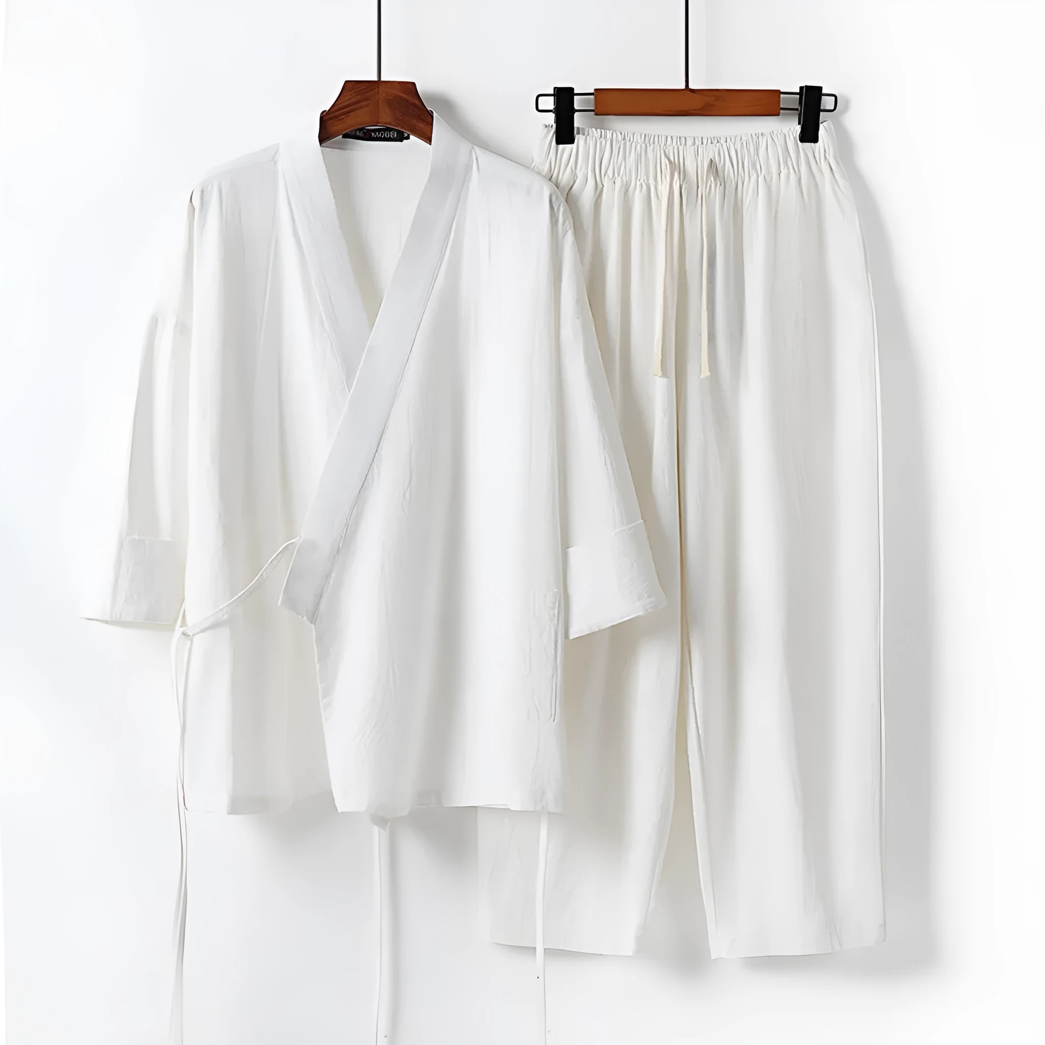 Women's cardigan hanfu two-piece suit in cotton linen blend, shown in apricot colour