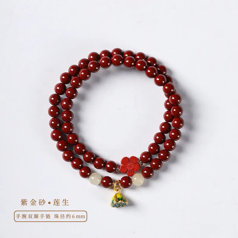Purple gold sand 6mm bead double circle women's bracelet with lotus seedpod detail