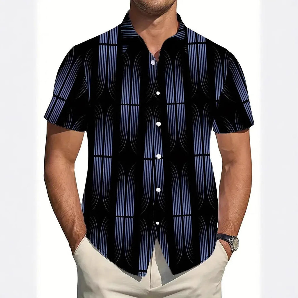 Men's geometric line print lapel short sleeve shirt in slim fit polyester fabric