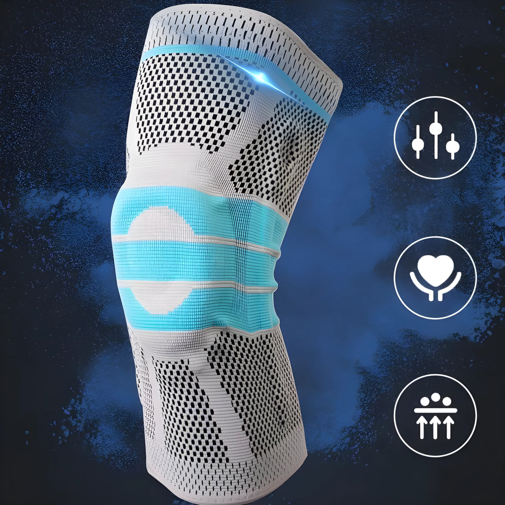 Sky blue elastic fibre knee pads with silicone grip for sports like basketball and running.