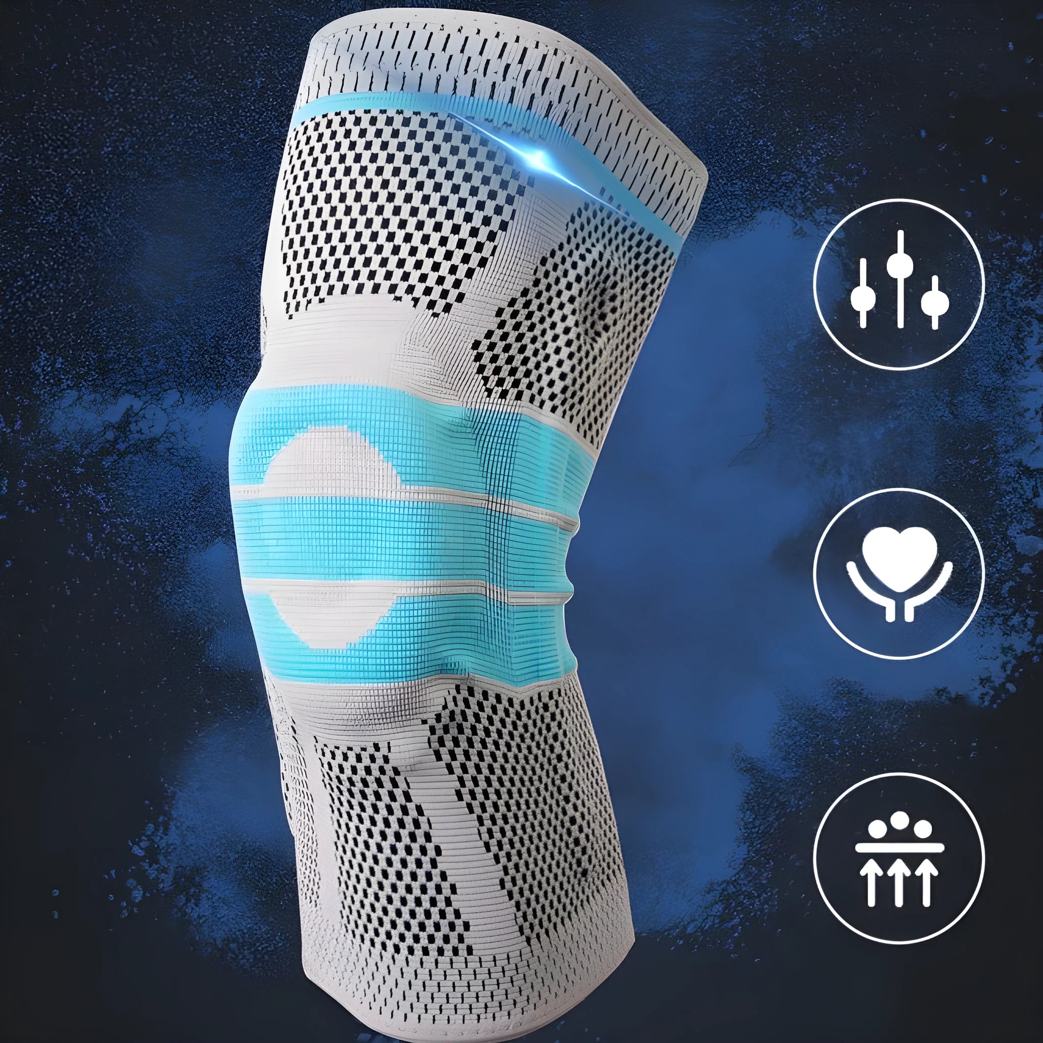 Sky blue elastic fibre knee pads with silicone grip for sports like basketball and running.