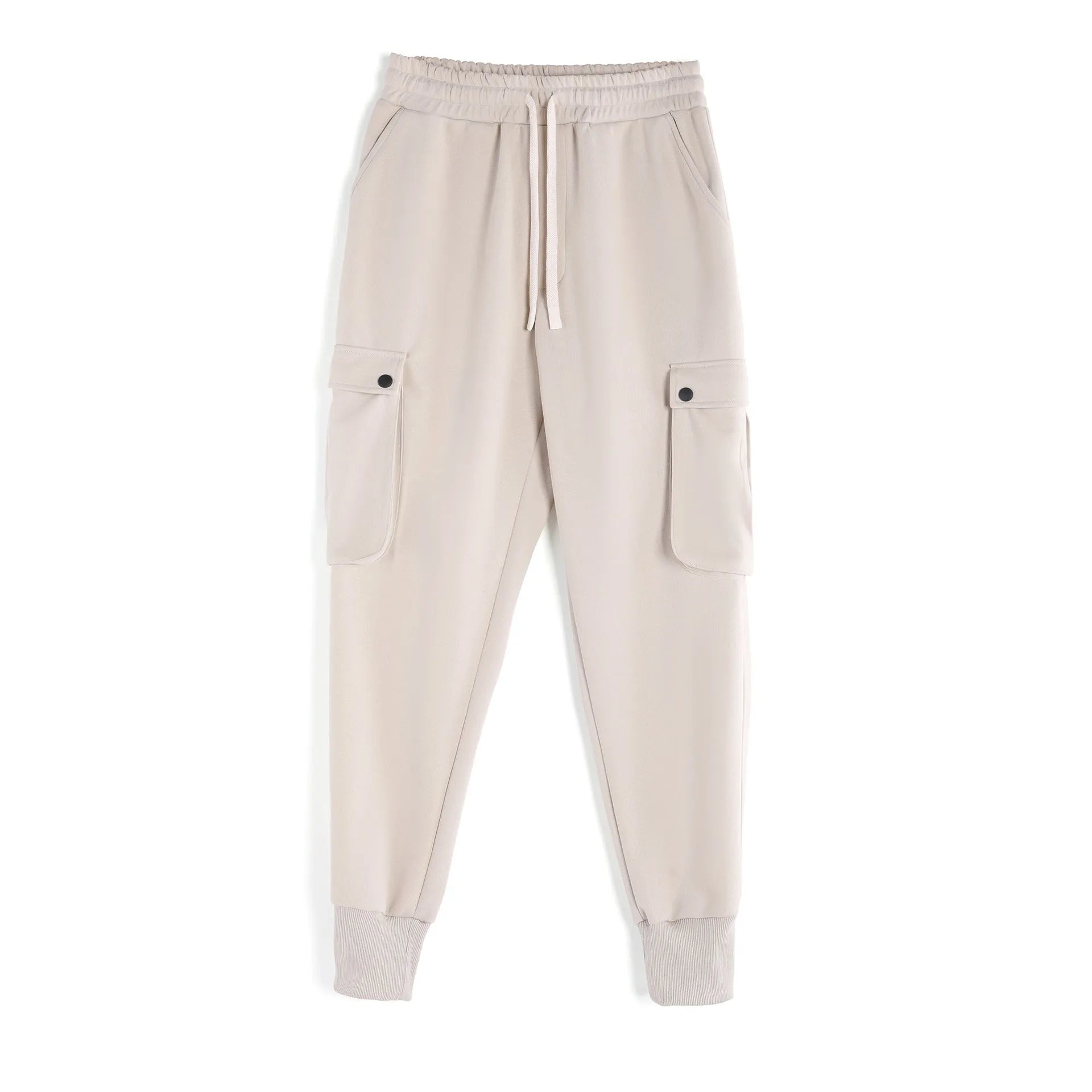 Men's loose cotton ankle-tied sport trousers in a solid colour with multiple pockets.