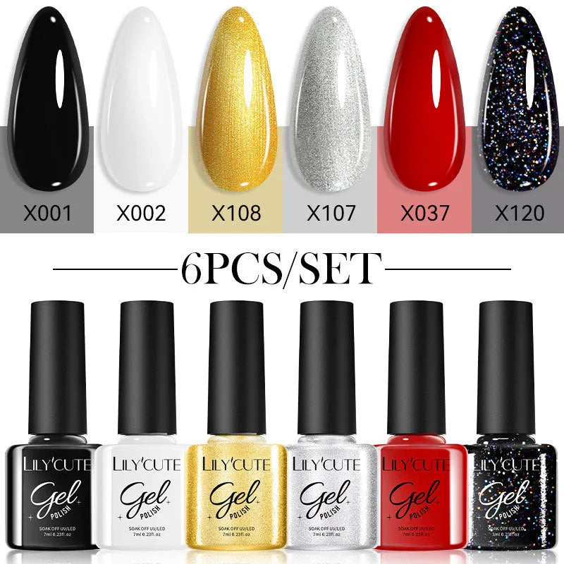 Set of 20 UV gel nail polish bottles in various colours including glitter and nude shades, each 7ml.