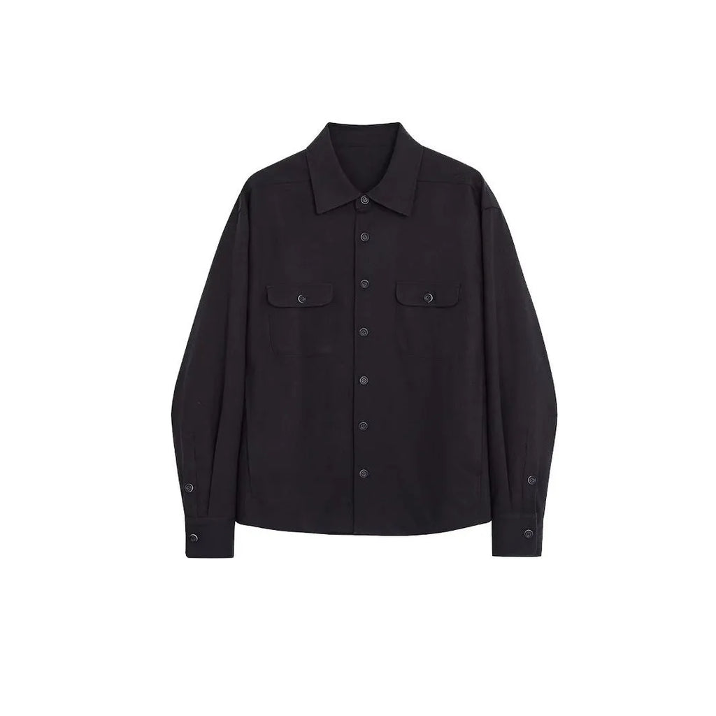 Men's light sand rice coloured long sleeve shirt with a simple lapel collar on a hanger.