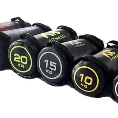 Flat white PVC fitness sandbag for weight lifting and strength training, shown with weight options.