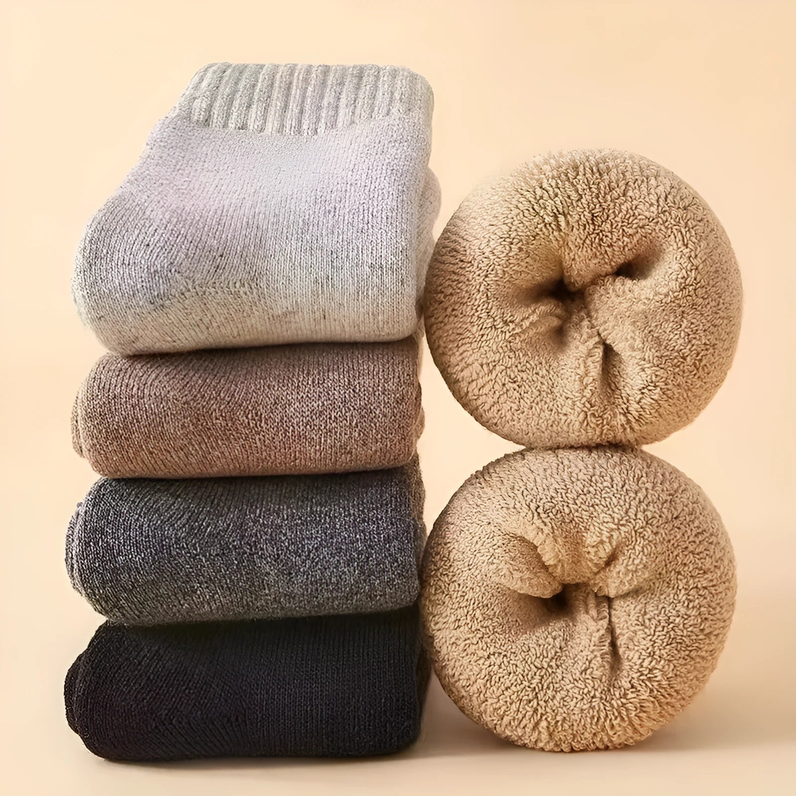 Pair of thick wool winter socks with a Merino midsole in a solid colour.