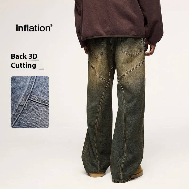 Men's wide leg jeans in washed denim with straight leg cut and mid waist design