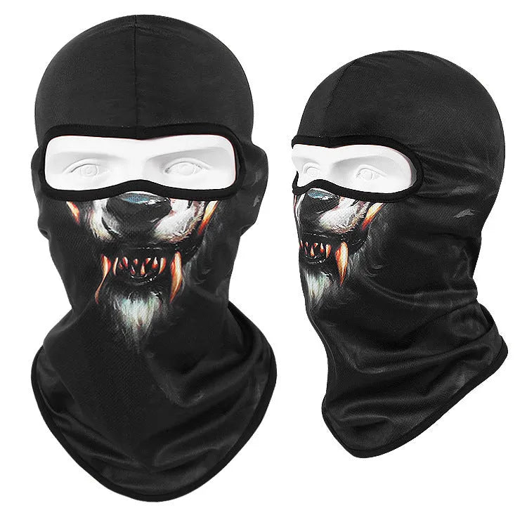 Bakool silk motorcycle skull mask with printed skull design, shown flat with dimensions 36cm by 29cm.