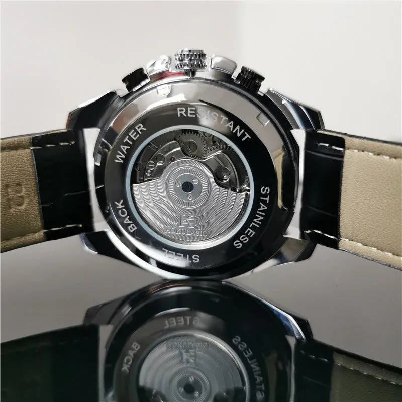 Men's automatic mechanical watch with a 12mm thick case showing various colour options like silver, black, and gold.